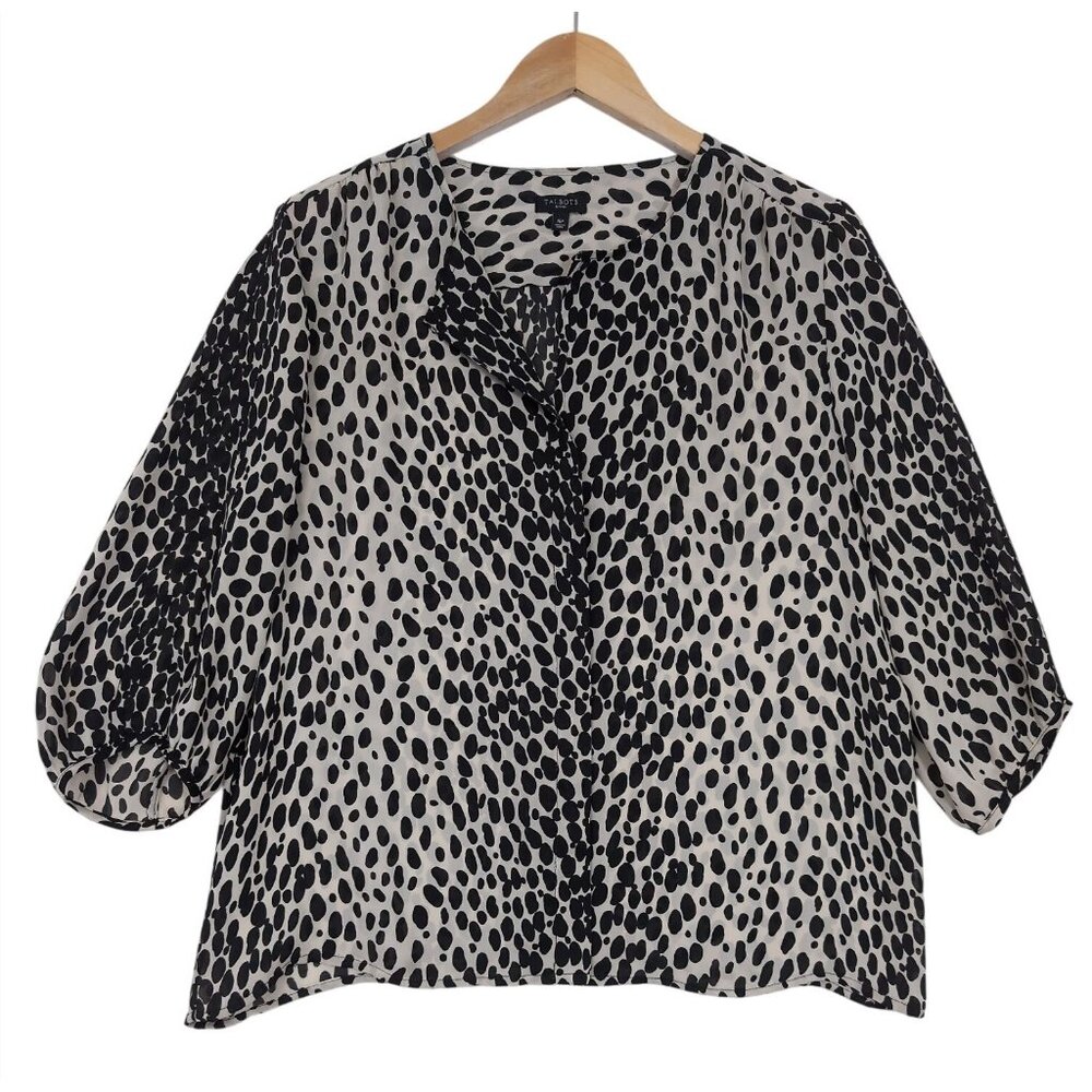 Talbots Button Up Semi Sheer Top Women 16 Petite Beige Black Animal Print Career